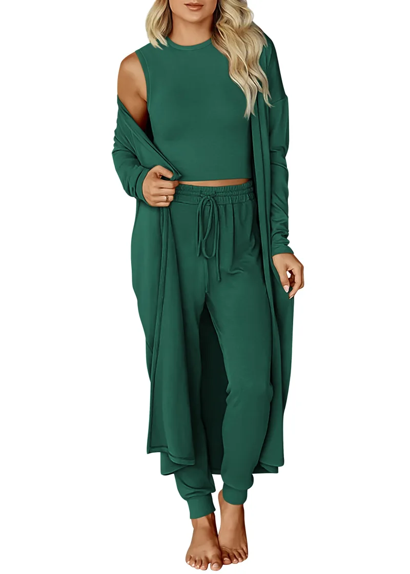 KIRUNDO 3-Piece Cardigan Lounge Set in Dark Green