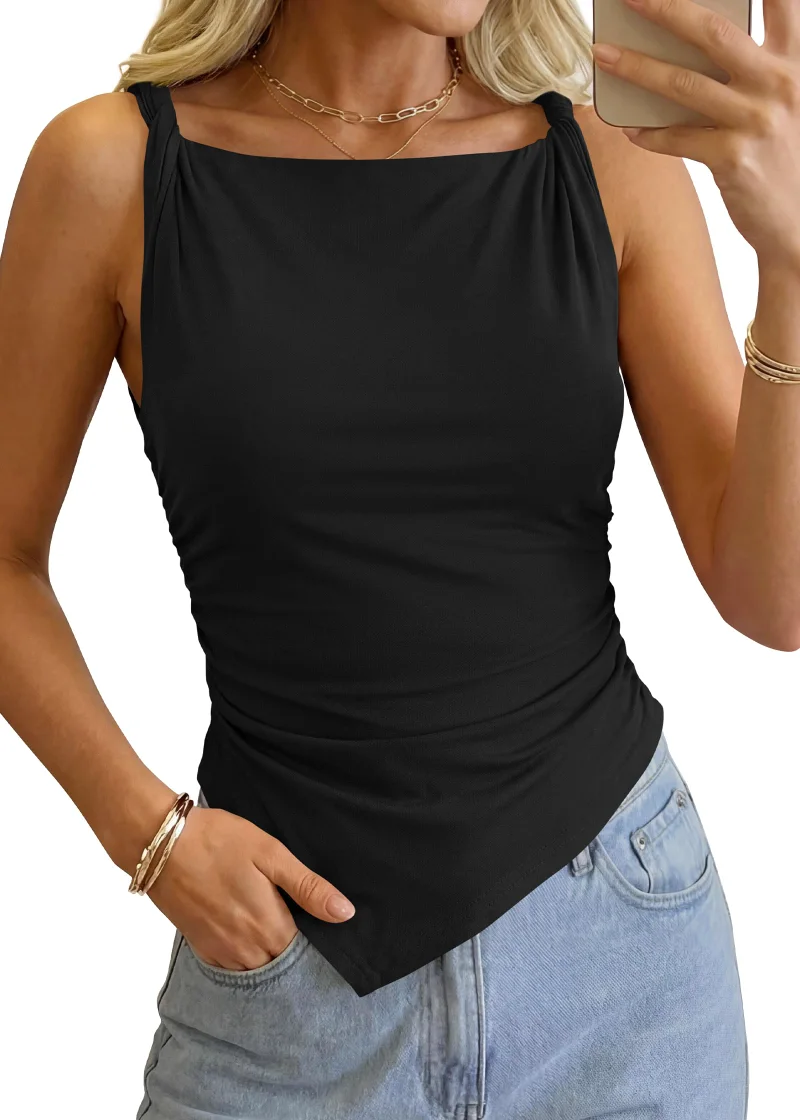 KIRUNDO Asymmetrical Sleeveless Blouse in Black
