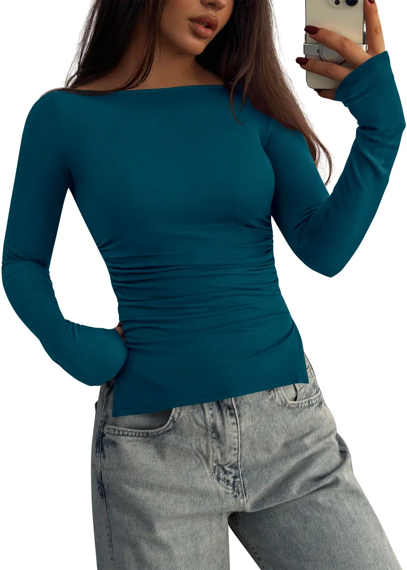 KIRUNDO Boat Neck Long Sleeve Top in Lake Blue