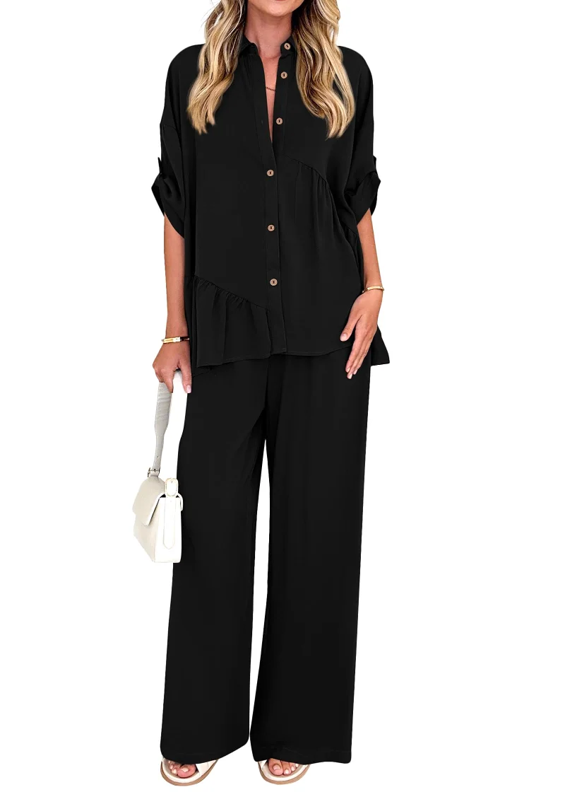 KIRUNDO Button-Down Shirt and Pant Set in Black