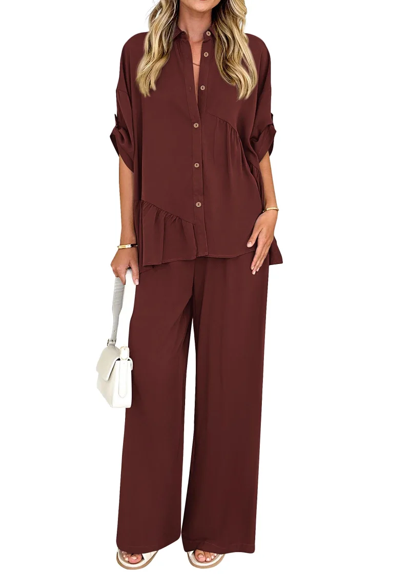 KIRUNDO Button-Down Shirt and Pant Set in Brown