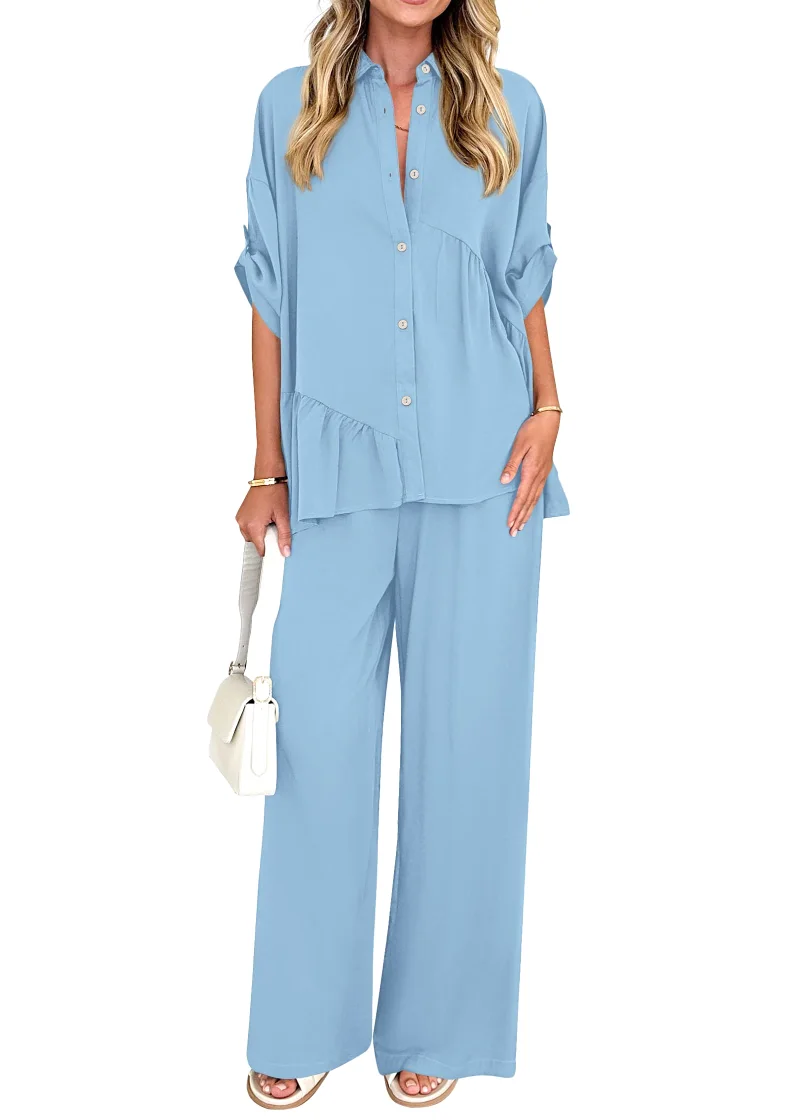 KIRUNDO Button-Down Shirt and Pant Set in Dusty Blue