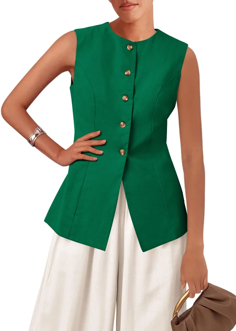 KIRUNDO Button-Front Vest Top in Dark Green