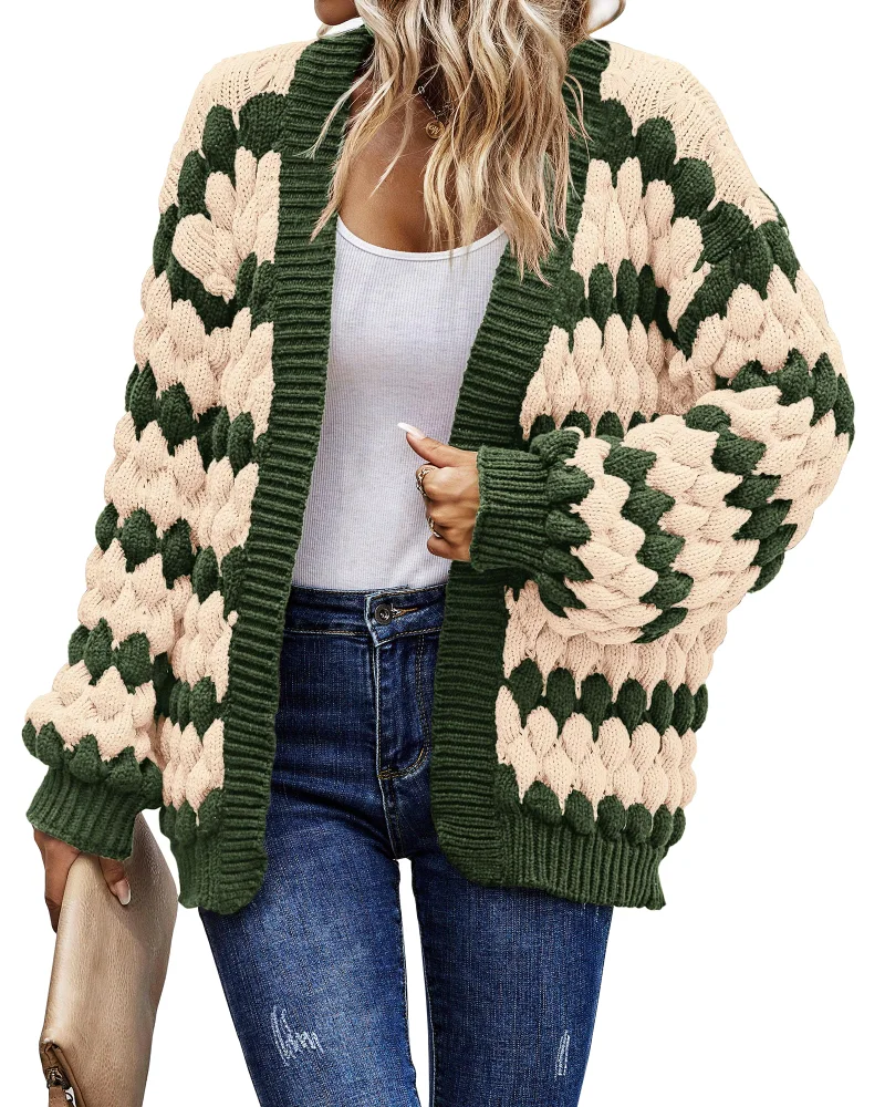 KIRUNDO Cable Knit Chunky Open Front Cardigan in Army Green