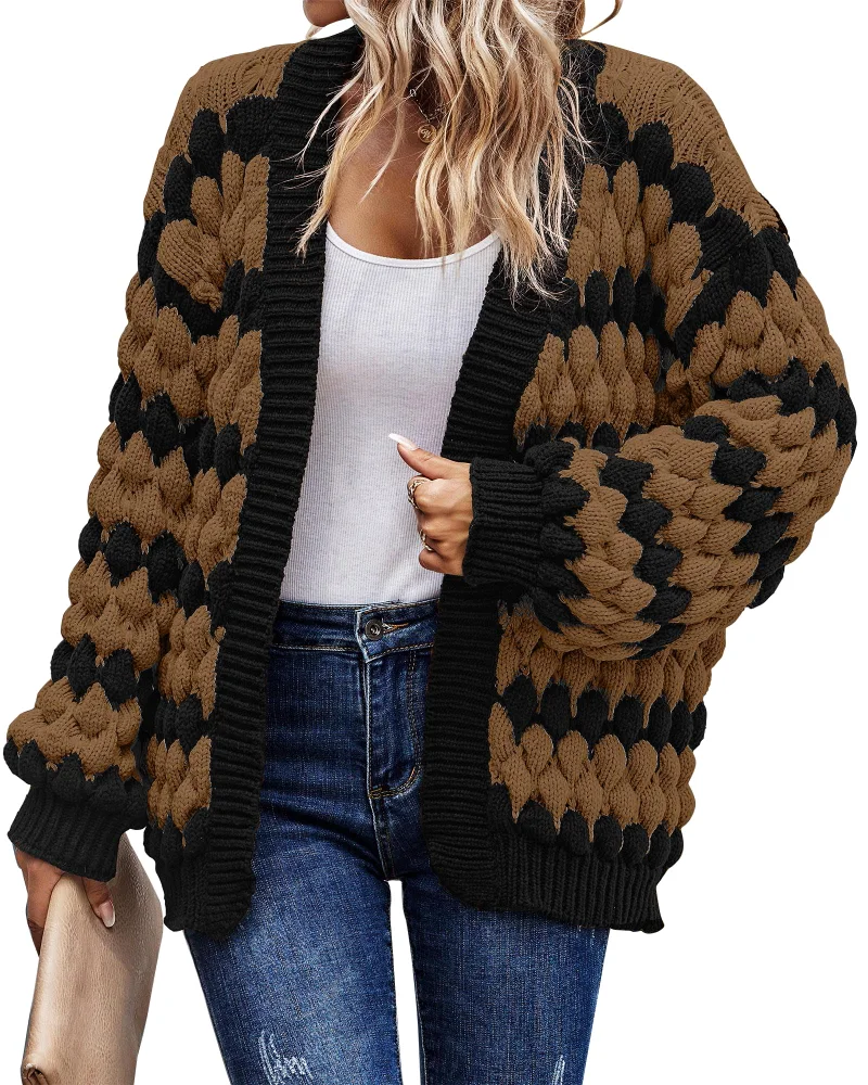 KIRUNDO Cable Knit Chunky Open Front Cardigan in Camel