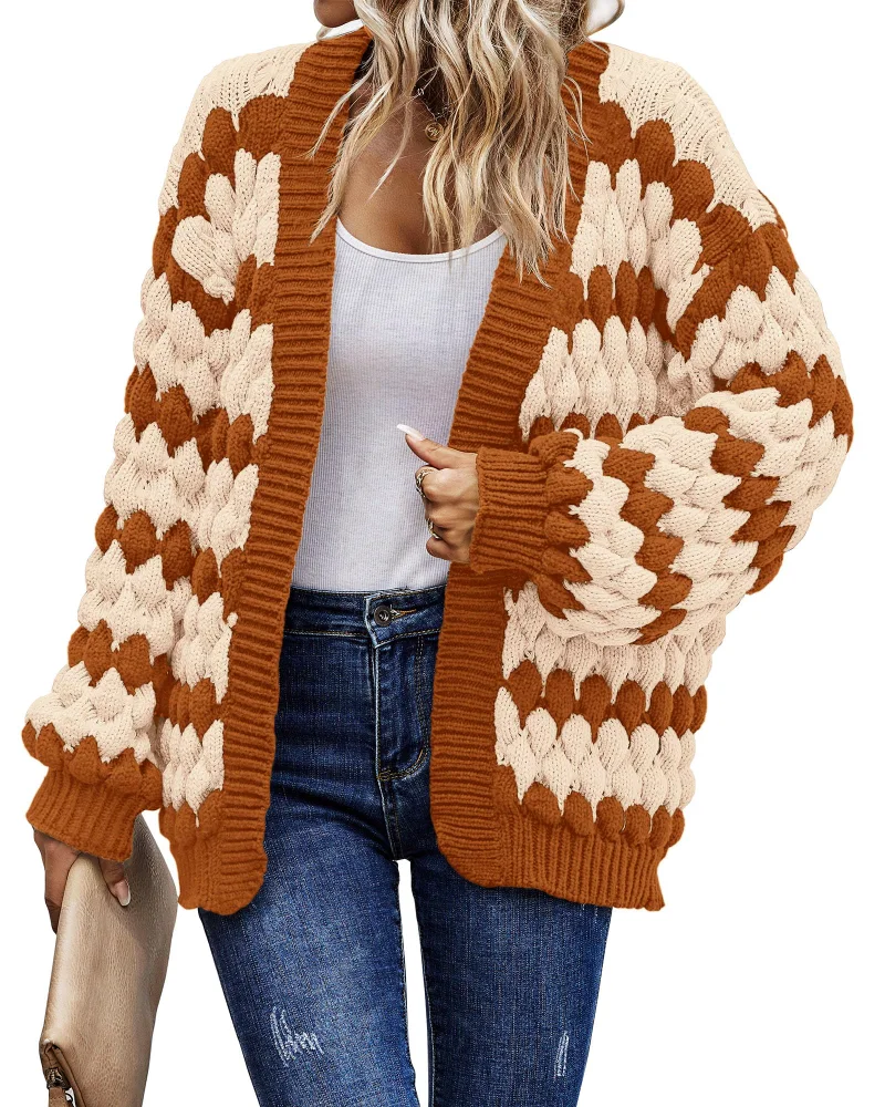 KIRUNDO Cable Knit Chunky Open Front Cardigan in Orange
