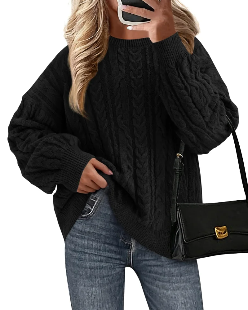 KIRUNDO Cable Knit Chunky Oversized Sweater in Black