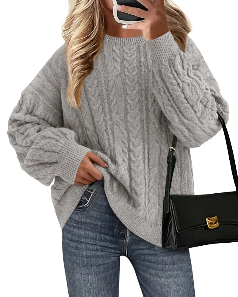 KIRUNDO Cable Knit Chunky Oversized Sweater in Grey