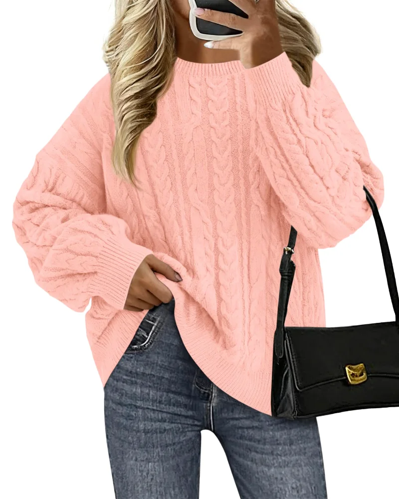 KIRUNDO Cable Knit Chunky Oversized Sweater in Pink
