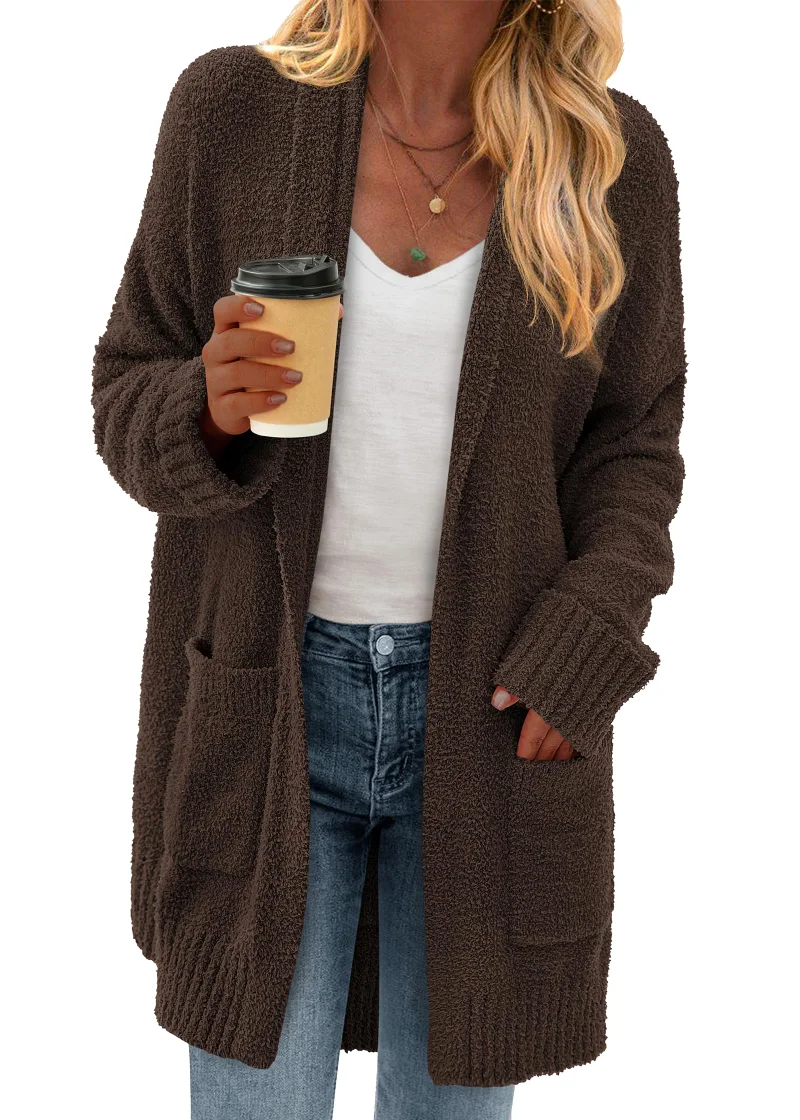 KIRUNDO Chunky Fuzzy Cardigan in Coffee