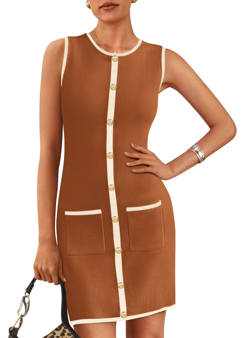 KIRUNDO Contrast Trim Sleeveless Work Dress in Caramel
