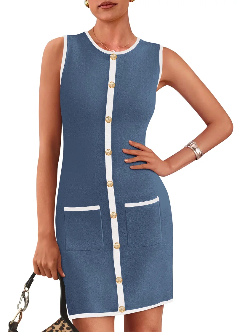 KIRUNDO Contrast Trim Sleeveless Work Dress in Dusty Blue