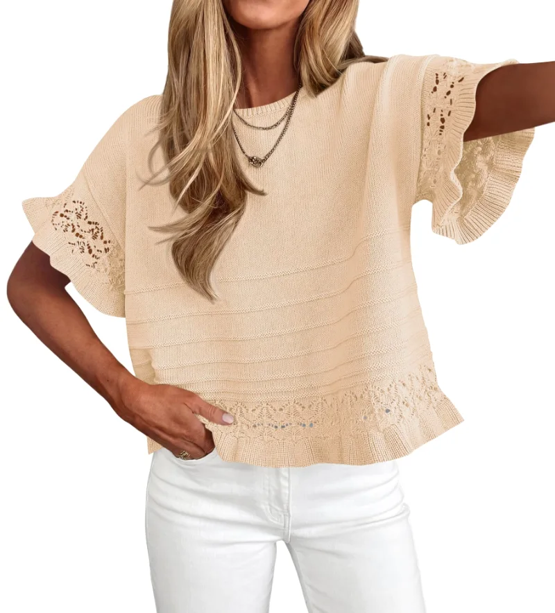 KIRUNDO Crochet Short Sleeve Pocket Top in Apricot