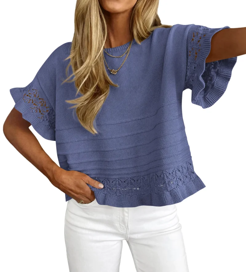 KIRUNDO Crochet Short Sleeve Pocket Top in Dusty Blue