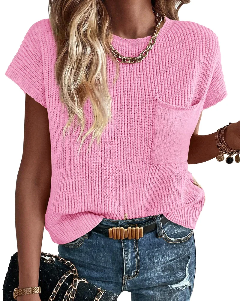 KIRUNDO Crochet Short Sleeve Pocket Top in Pink