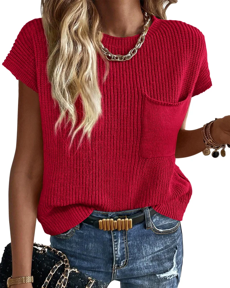 KIRUNDO Crochet Short Sleeve Pocket Top in Red