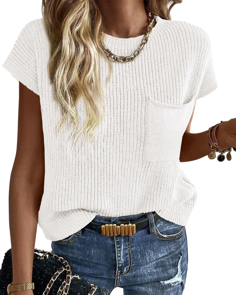 KIRUNDO Crochet Short Sleeve Pocket Top in White