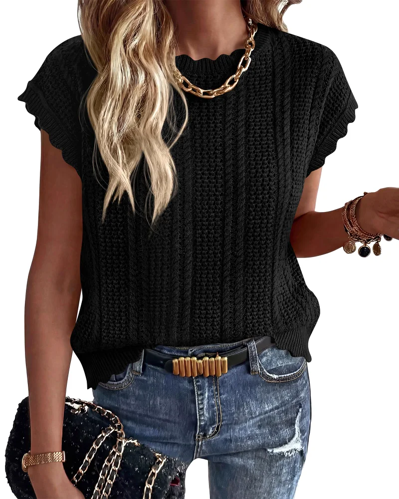 KIRUNDO Crochet Short Sleeve Sweater Vest in Black