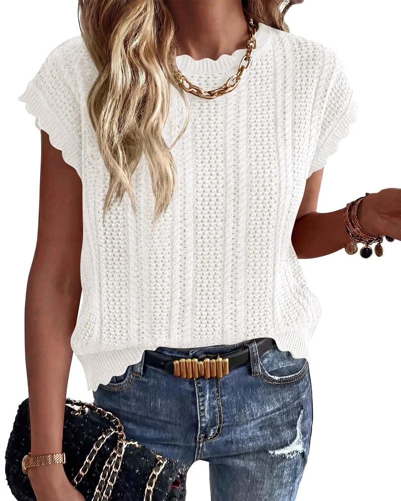KIRUNDO Crochet Short Sleeve Sweater Vest in White
