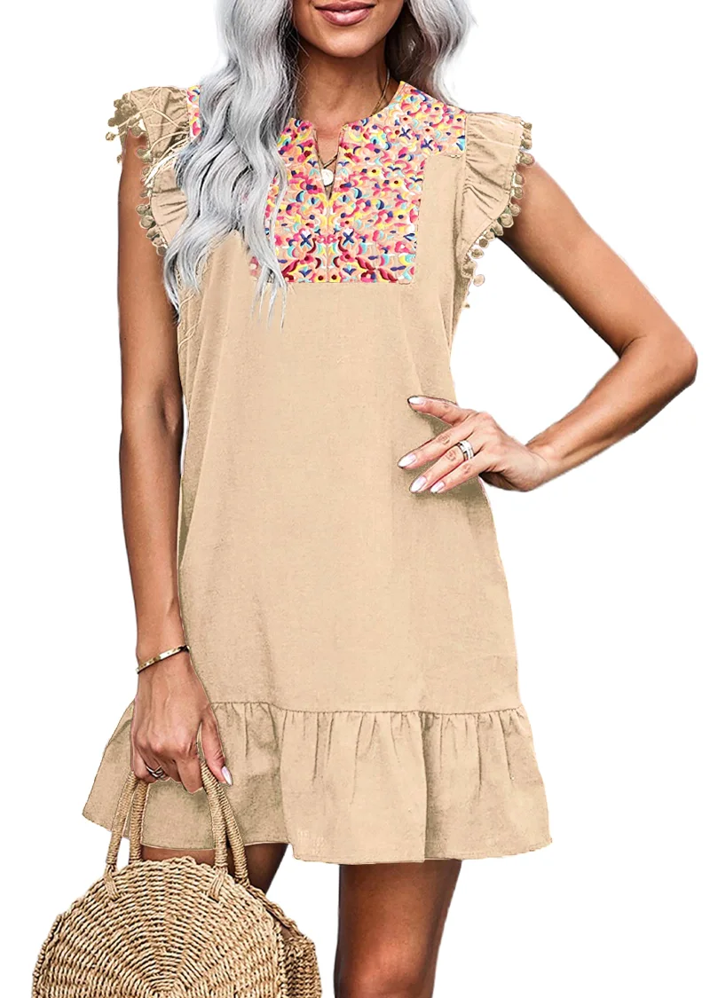 KIRUNDO Embroidered Boho Mini Dress in Apricot