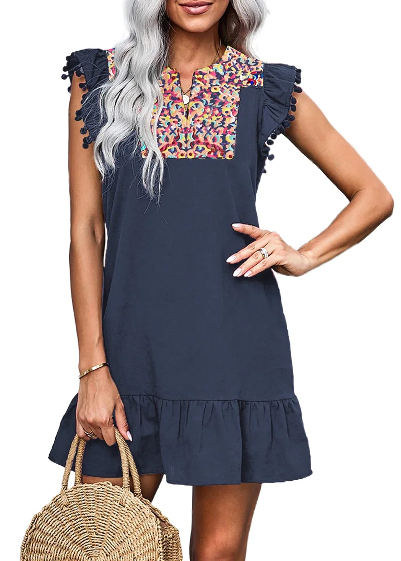KIRUNDO Embroidered Boho Mini Dress in Navy