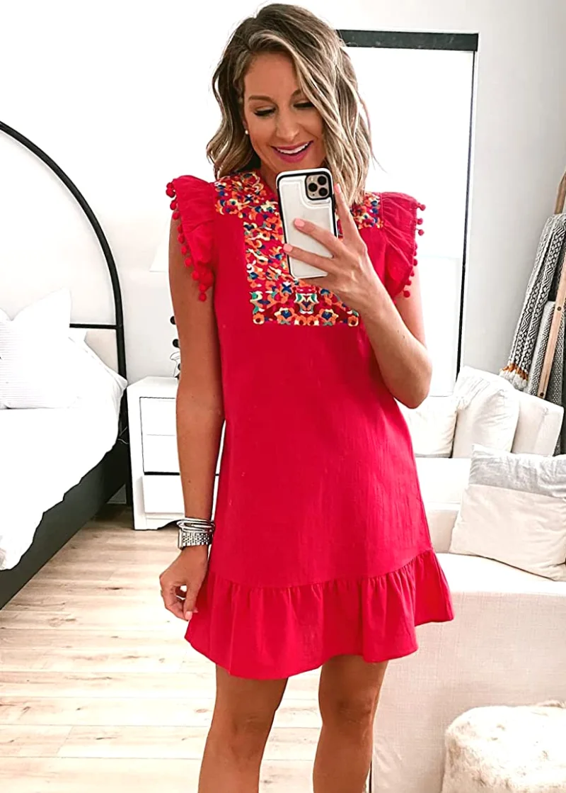 KIRUNDO Embroidered Boho Mini Dress in Red, view 6