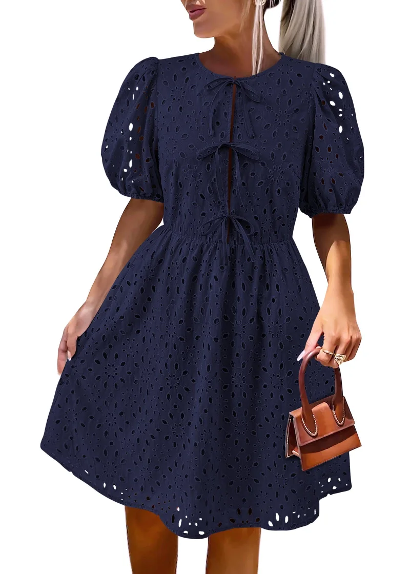 KIRUNDO Eyelet Babydoll A-Line Dress in Navy