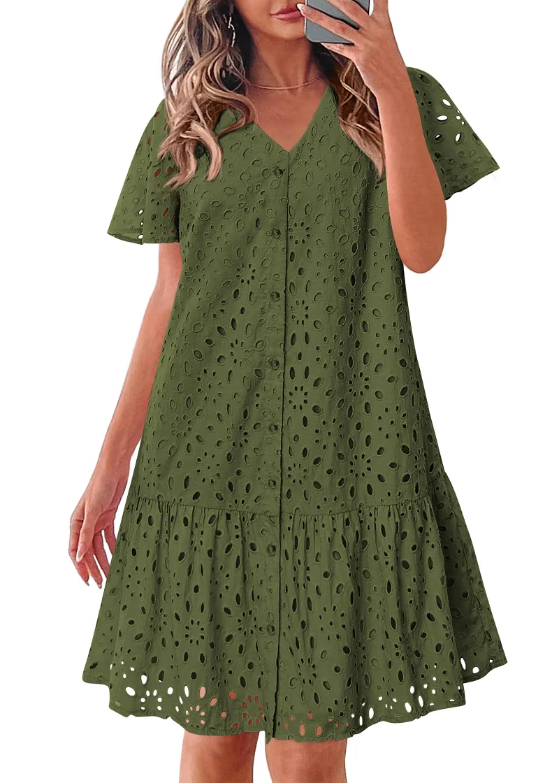 KIRUNDO Eyelet Babydoll Button-Down Mini Dress in Army Green