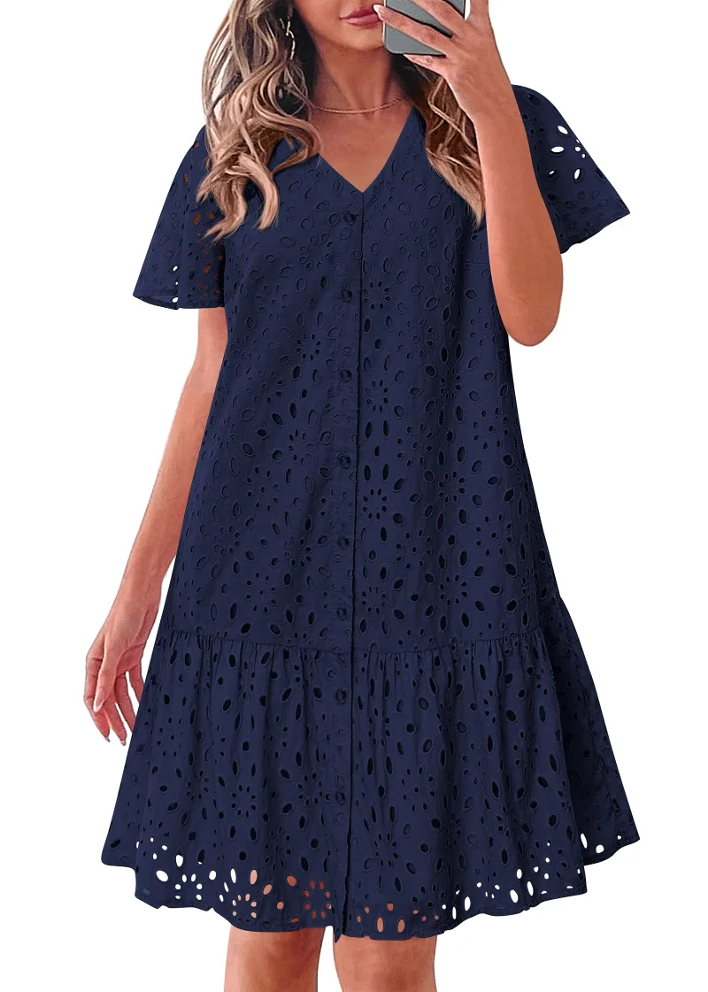 KIRUNDO Eyelet Babydoll Button-Down Mini Dress in Navy Blue
