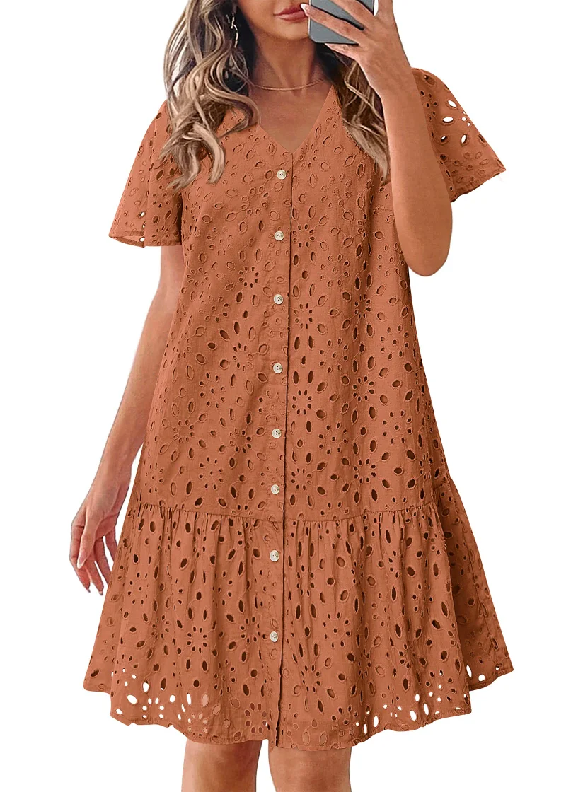 KIRUNDO Eyelet Babydoll Button-Down Mini Dress in Rust Red
