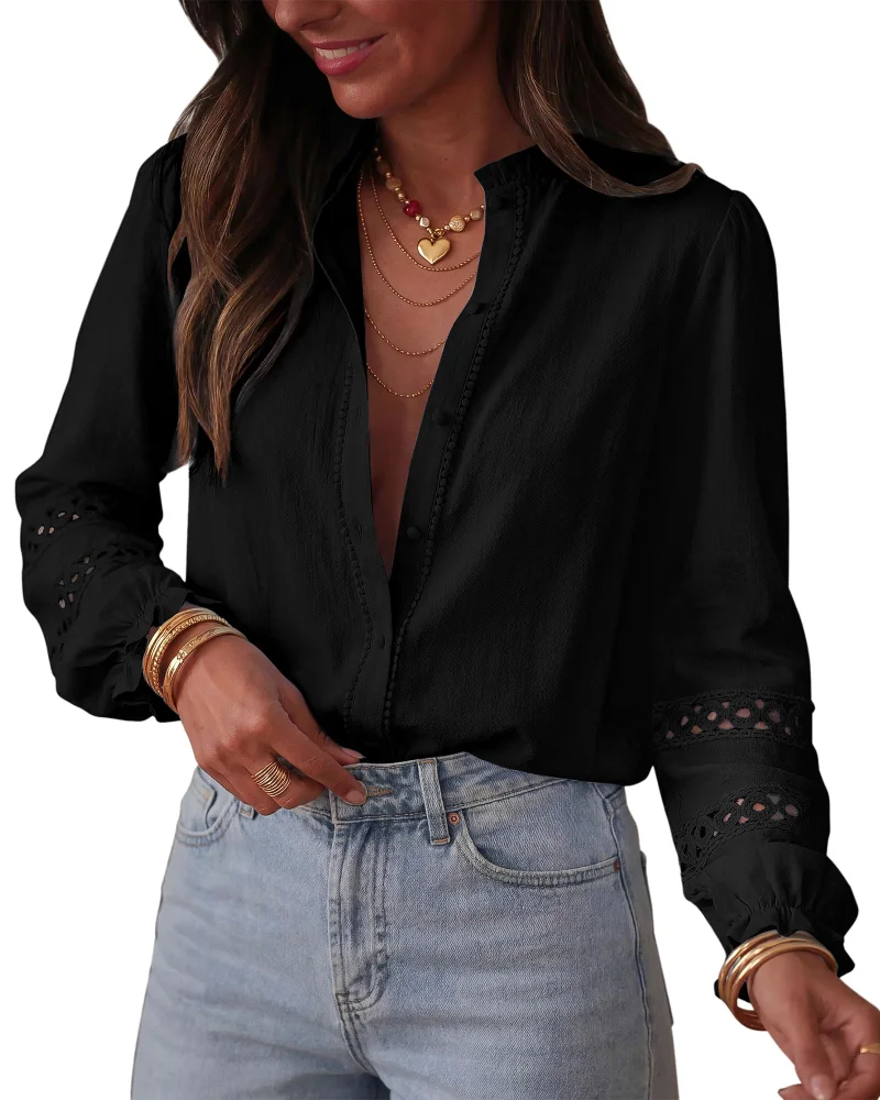 KIRUNDO Eyelet Button-Down Long Sleeve Shirt in Black