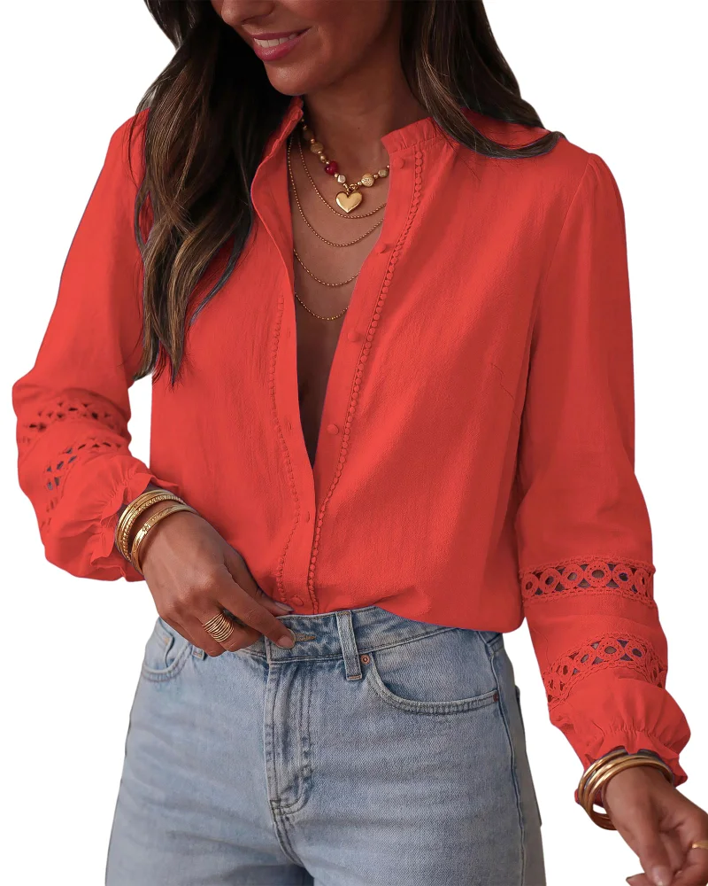 KIRUNDO Eyelet Button-Down Long Sleeve Shirt in Orange