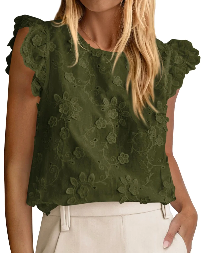 KIRUNDO Eyelet Lace Embroidered Blouse in Army Green