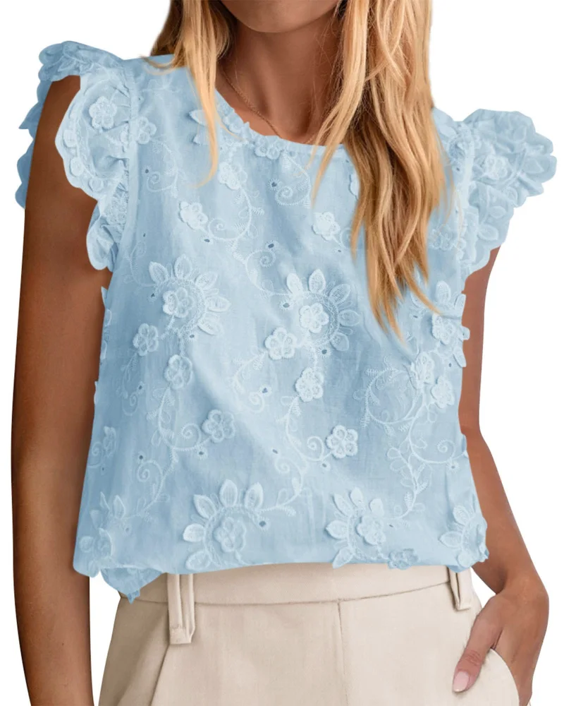 KIRUNDO Eyelet Lace Embroidered Blouse in Light Blue