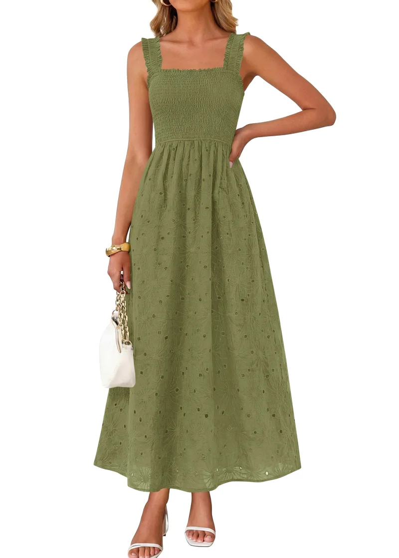 KIRUNDO Eyelet Lace Maxi Dress in Army Green