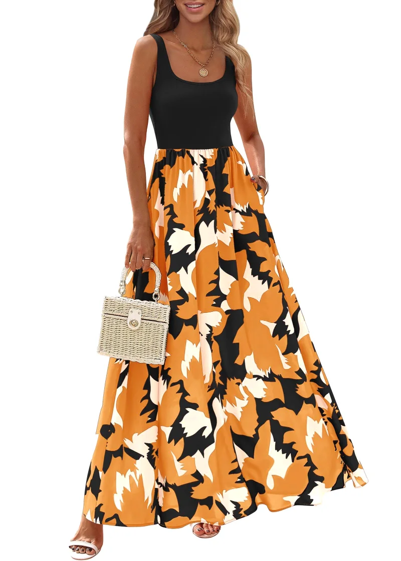 KIRUNDO Floral Boho Maxi Dress in Black Brown Yellow