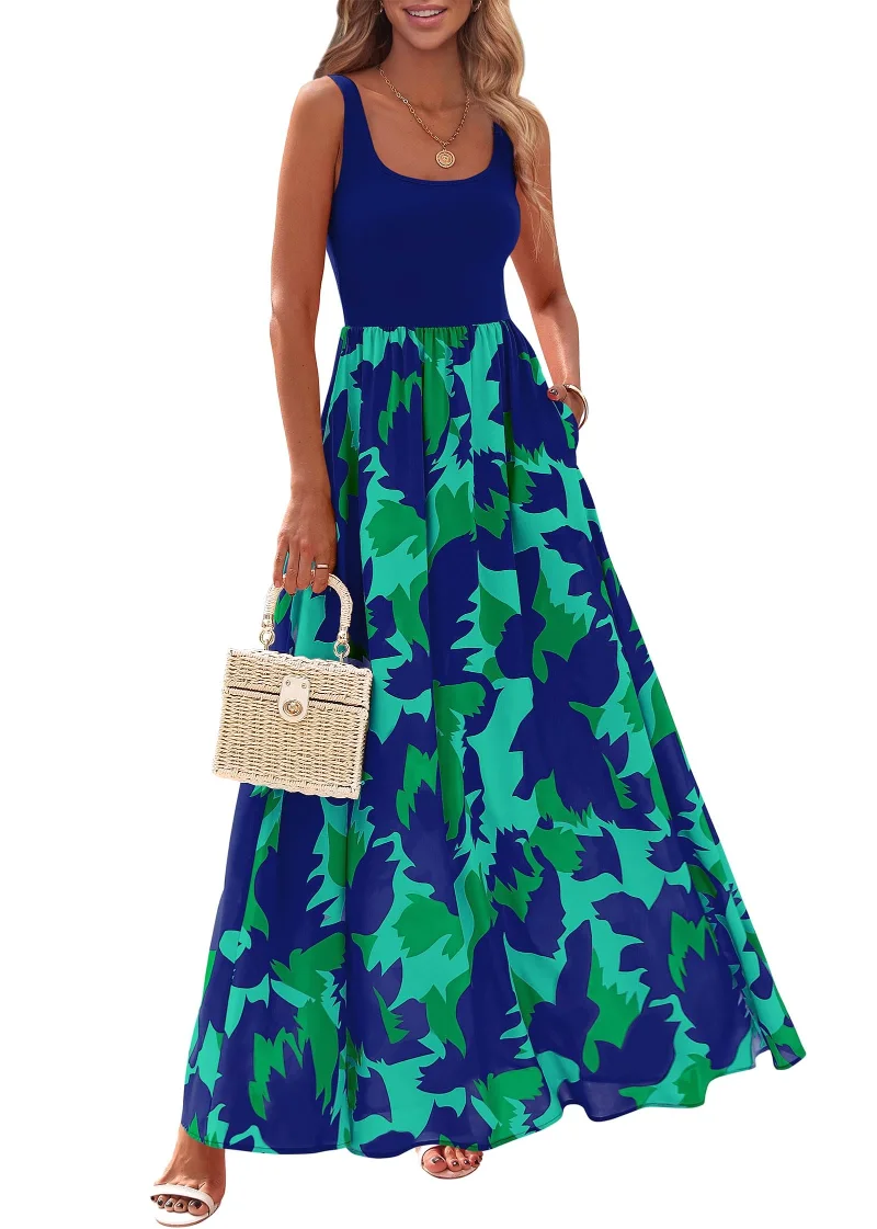 KIRUNDO Floral Boho Maxi Dress in Blue Green