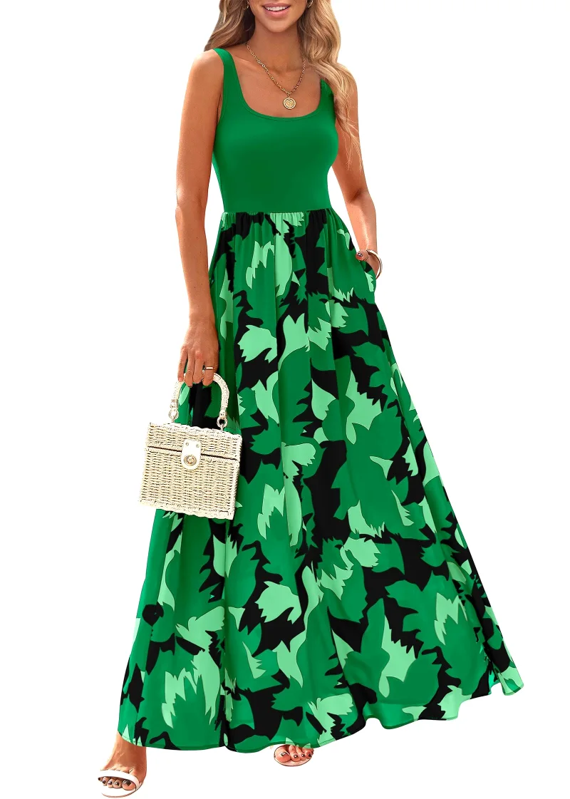 KIRUNDO Floral Boho Maxi Dress in Dark Green