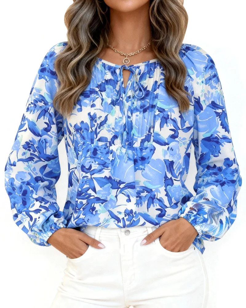 KIRUNDO Floral Long Sleeve Drawstring Blouse in Blue