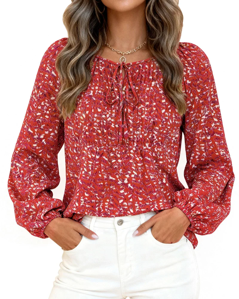 KIRUNDO Floral Long Sleeve Drawstring Blouse in Orange Red