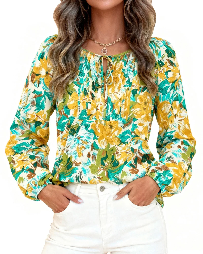 KIRUNDO Floral Long Sleeve Drawstring Blouse in Yellow Green