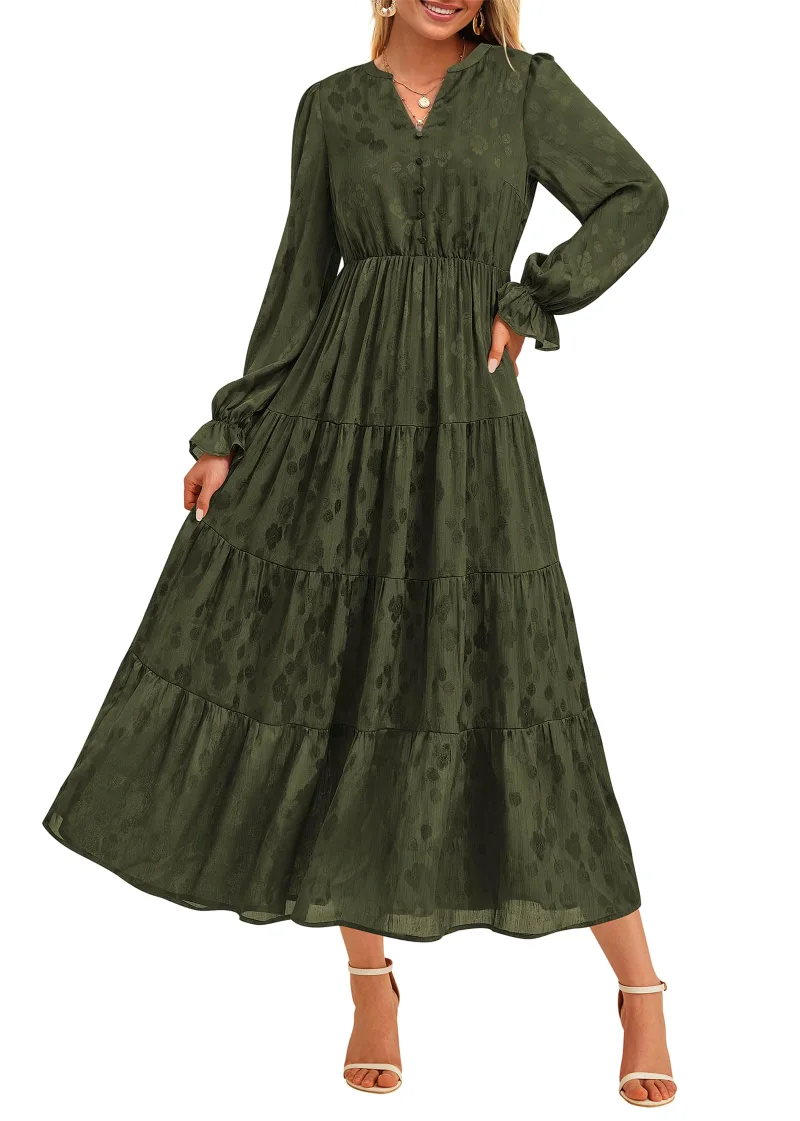 KIRUNDO Floral Ruffle Long Sleeve Maxi Dress in Army Green