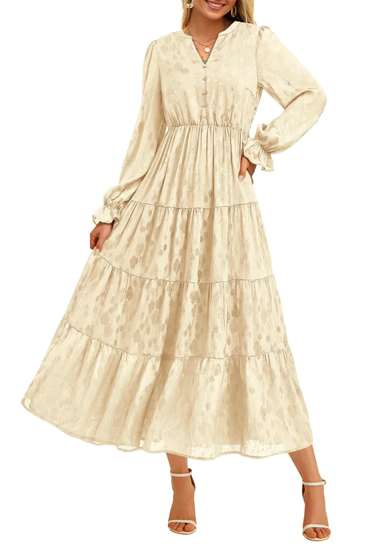 KIRUNDO Floral Ruffle Long Sleeve Maxi Dress in Beige