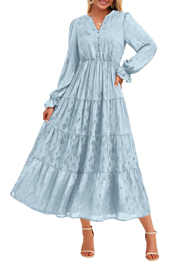 KIRUNDO Floral Ruffle Long Sleeve Maxi Dress in Light Blue