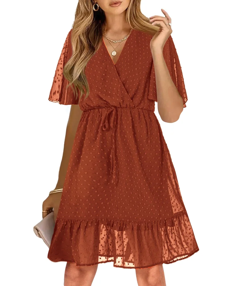 KIRUNDO Floral Ruffle V-Neck Mini Dress in Brick Red