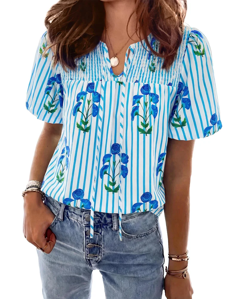 KIRUNDO Floral Short Sleeve Boho Blouse in Striped White Blue
