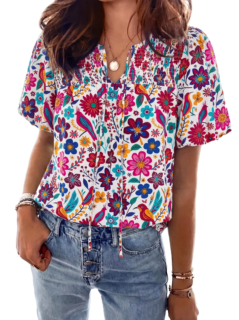 KIRUNDO Floral Short Sleeve Boho Blouse in White Multicolored