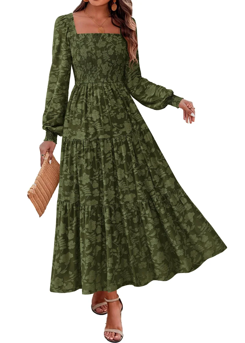 KIRUNDO Floral Square Neck Long Sleeve Maxi Dress in Army Green