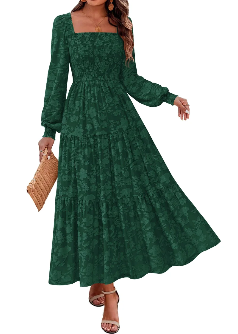 KIRUNDO Floral Square Neck Long Sleeve Maxi Dress in Emerald Green