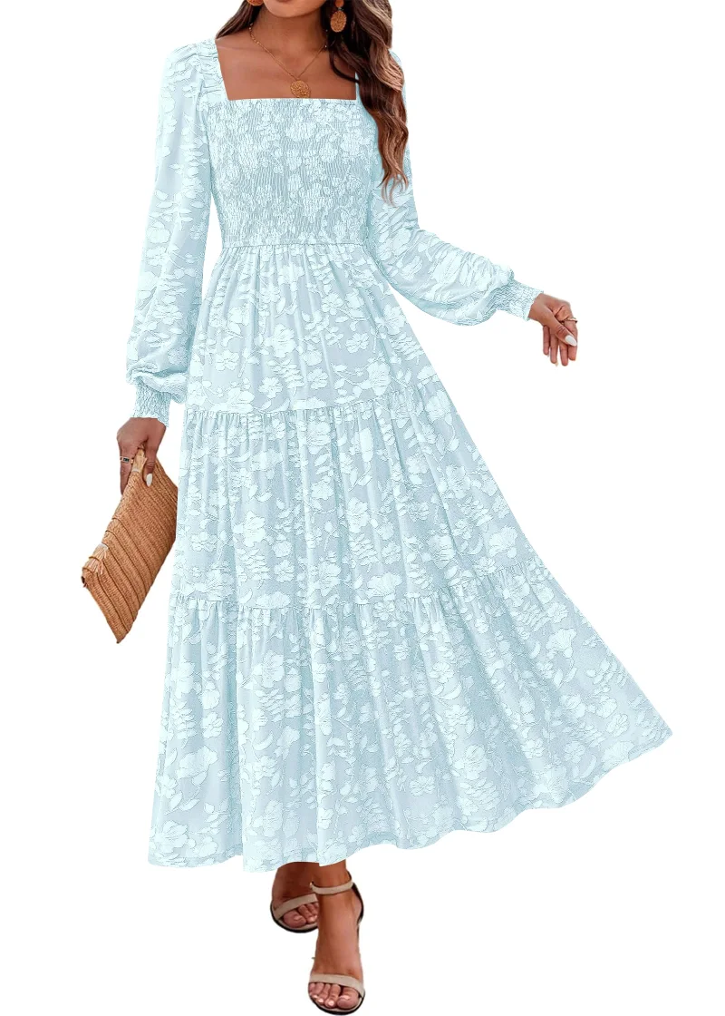 KIRUNDO Floral Square Neck Long Sleeve Maxi Dress in Light Blue